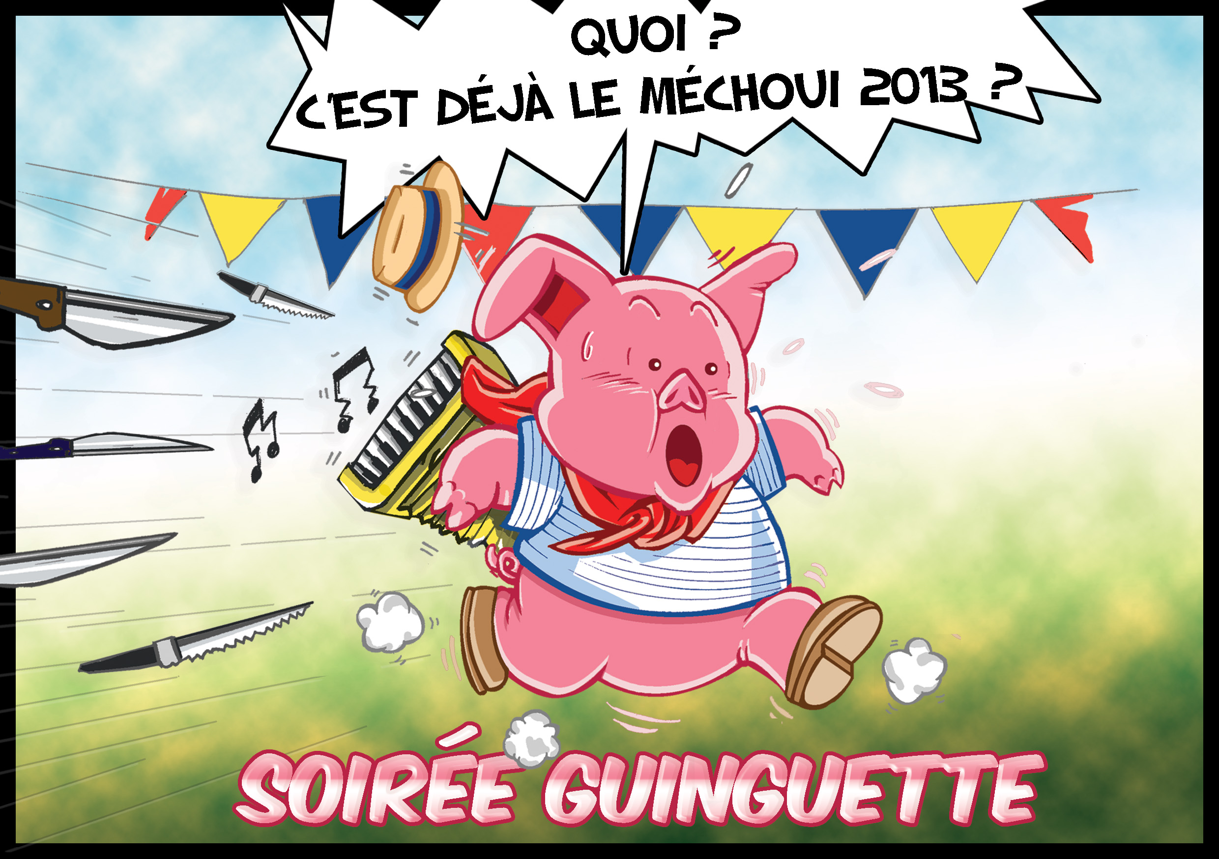 Pour la Soirée Guinguette du Méchoui 2013, le comité des fêtes du Plix a fait appel à Dragon Studio pour créer une illustration humoristique et percutante.
Le thème ? Un méchoui festif à la bonne franquette, avec cochons de lait au menu… et une ambiance de guinguette haute en couleur !