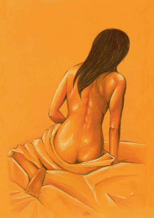 📜 Croquis de nu – Crayon de couleur sur papier Canson brun

Au réveil, dans la lumière tamisée du matin, elle s’étire lentement, laissant la douceur du tissu glisser sur sa peau. Son dos se dessine sous la lueur dorée, chaque ligne révélant la poésie silencieuse du corps humain.