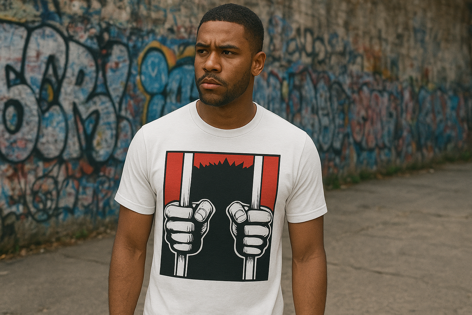 Réalisée à l’encre de Chine et au feutre Pentones pour les accents rouges, cette illustration explore la tension brute entre captivité et résistance intérieure.
Les mains serrées sur les barreaux symbolisent à la fois la contrainte et la puissance vitale, une énergie contenue prête à rompre le silence du métal.